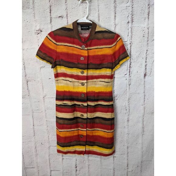 Liz Claiborne Dress w Shoulder Pads Linen Blend Safari Sunset Button Up Collar P - Picture 1 of 12